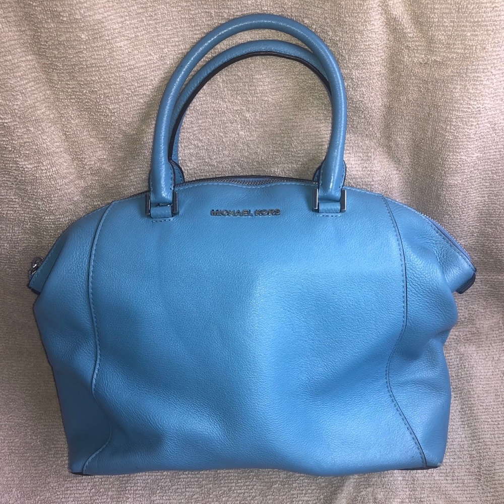 Michael Kors Blue Leather Double Handle Zipper Closure Satchel Center Zip Pocket
